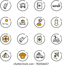 line vector icon set - suitcase vector, baggage, passport, truck, lounger, bungalow, palm, swimsuit, parasol, sail boat, tent, shell, car, kite