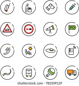 line vector icon set - suitcase vector, baby room, dog, syringe, car crash road sign, no overtake, telescope, ipo, flying man, beach, woman hat, server wireless, sickle, tool cabinet, beanbag