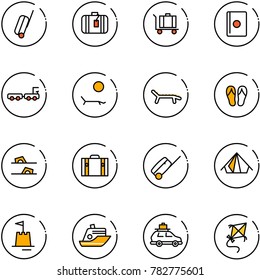 line vector icon set - suitcase vector, baggage, passport, truck, lounger, flip flops, tent, sand castle, cruiser, car, kite