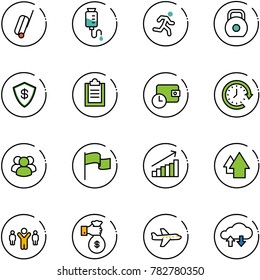 line vector icon set - suitcase vector, drop counter, run, weight, safe, clipboard, wallet time, clock around, group, flag, growth, arrow up, team leader, rich, plane, cloud exchange data