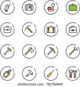 line vector icon set - suitcase vector, baggage scales, case, portfolio, rock axe, hammer, mason, side cutters, paint roller, awl, shovel fork toy
