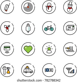 line vector icon set - suitcase vector, radar, snowman, holly, drop counter, bike, credit card, tap pay, heart, idea, pool, ship bell, car baggage, projector, fine signal