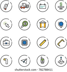 line vector icon set - suitcase vector, fork loader, schedule, bank, cursor, search money, pennant, globe, case, cpu, ruler, staple, allen key, paper plane, phone toy, wirligig