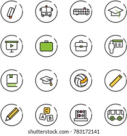 line vector icon set - suitcase vector, airport bus, graduate hat, presentation board, case, portfolio, book, volleyball, ruler, pencil, abc cube, abacus, toy