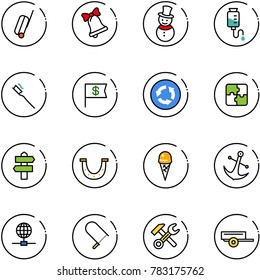 line vector icon set - suitcase vector, bell, snowman, drop counter, tooth brush, dollar flag, circle road sign, puzzle, signpost, luck, ice cream, anchor, globe, fretsaw, wrench hammer, trailer