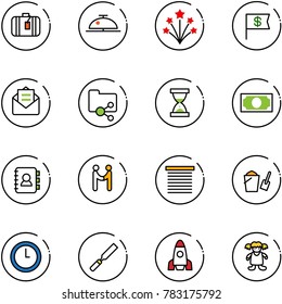line vector icon set - suitcase vector, client bell, firework, dollar flag, opened mail, shared folder, sand clock, money, contact book, agreement, jalousie, bucket scoop, rasp, rocket, doll