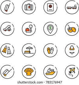 line vector icon set - suitcase vector, passport, baggage truck, trap, scales, dollar pin, coconut cocktail, flippers, inflatable pool, flip flops, swimsuit, shell, cruiser, kite
