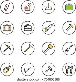 line vector icon set - suitcase vector, baggage scales, basket, case, saw, hammer, axe, mason, rubber, chisel, side cutters, scythe, paint roller, shovel fork toy