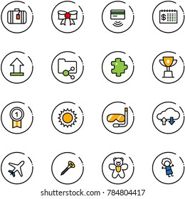 line vector icon set - suitcase vector, bow, tap pay, finance calendar, uplooad, shared folder, puzzle, win cup, gold medal, sun, diving, cloud exchange data, plane, screw, bear toy, doll