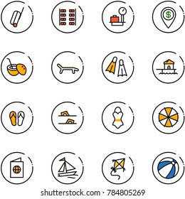 line vector icon set - suitcase vector, plane seats, baggage scales, dollar pin, coconut cocktail, lounger, flippers, bungalow, flip flops, swimsuit, parasol, passport, sail boat, kite, beach ball