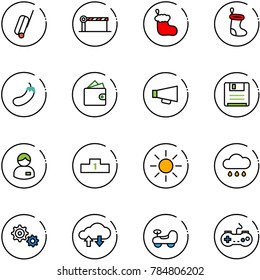 line vector icon set - suitcase vector, barrier, christmas sock, eggplant, wallet, loudspeaker, save, manager, pedestal, sun, rain cloud, gear, exchange data, baby car, gamepad
