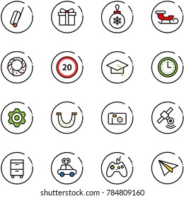 line vector icon set - suitcase vector, gift, christmas ball, sleigh, wreath, speed limit 20 road sign, graduate hat, time, gear, luck, photo, satellite, tool cabinet, car toy, joystick, paper plane