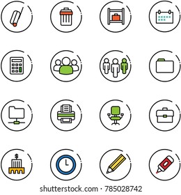 line vector icon set - suitcase vector, trash bin, baggage room, schedule, calculator, group, folder, network, printer, office chair, portfolio, bank building, clock, pencil, marker