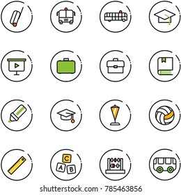 line vector icon set - suitcase vector, airport bus, graduate hat, presentation board, case, portfolio, book, highlight marker, pennant, volleyball, ruler, abc cube, abacus, toy