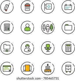 Line Vector Icon Set - Suitcase Vector, Trash Bin, First Aid Room, Schedule, Calculator, User, Group, Folder, Network, Manager, Office Chair, Doors, Bank Building, Tool Cabinet