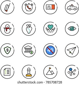 line vector icon set - suitcase vector, phone alarm, ticket, safety car, snowman, heart, care, eye, safe, account, end minimal speed limit road sign, paper plane, list, pawn, mountain, molecule