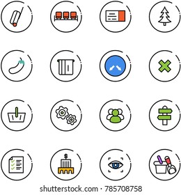 line vector icon set - suitcase vector, waiting area, ticket, christmas tree, eggplant, atm, detour road sign, delete cross, basket, gears, group, signpost, list, bank building, eye scanner