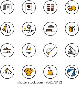 line vector icon set - suitcase vector, passport, plane seats, coconut cocktail, flippers, palm, inflatable pool, flip flops, swimsuit, sail boat, tent, shell, sand castle, beach ball