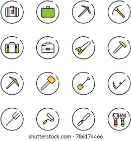 line vector icon set - suitcase vector, case, job, rock axe, saw, hammer, rubber, shovel, scythe, farm fork, paint roller, rasp, toy