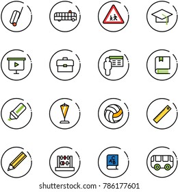 line vector icon set - suitcase vector, airport bus, children road sign, graduate hat, presentation board, portfolio, book, highlight marker, pennant, volleyball, ruler, pencil, abacus, abc, toy