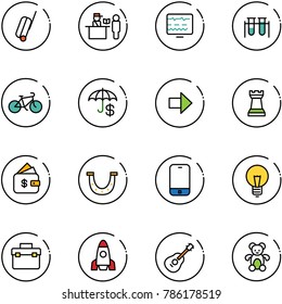 line vector icon set - suitcase vector, passport control, diagnostic monitor, vial, bike, right arrow, chess tower, finance management, luck, mobile phone, bulb, tool box, rocket, guitar