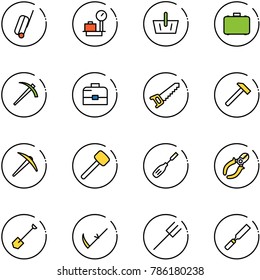 line vector icon set - suitcase vector, baggage scales, basket, case, job, saw, hammer, axe, rubber, chisel, side cutters, shovel, scythe, farm fork, rasp