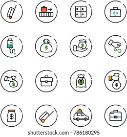 line vector icon set - suitcase vector, baggage, room, doctor bag, drop counter, money, investment, encashment, portfolio, rich, car, case