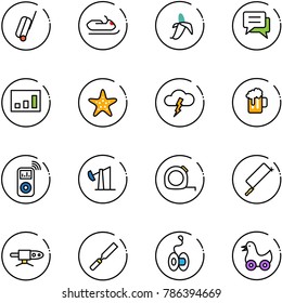 line vector icon set - suitcase vector, snowmobile, banana, chat, statistics, starfish, storm, beer, music player, oil derrick, measuring tape, metal hacksaw, pipe welding, rasp, yoyo, toy duck