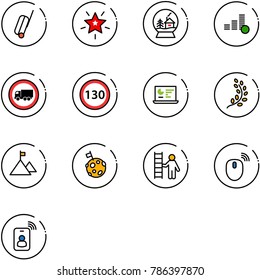 line vector icon set - suitcase vector, christmas star, snowball house, coin, no truck road sign, speed limit 130, statistics monitor, golden branch, mountain, moon flag, opportunity, mouse wireless