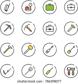line vector icon set - suitcase vector, baggage scales, case, portfolio, job, rock axe, hammer, mason, rubber, chisel, shovel, scythe, farm fork, awl, toy