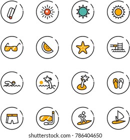 line vector icon set - suitcase vector, sun, sunglasses, watermelone, starfish, pool, swimming, palm, flip flops, swimsuit, diving, surfing, windsurfing