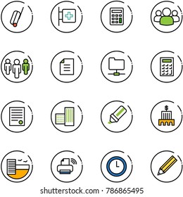 line vector icon set - suitcase vector, first aid room, calculator, group, document, network folder, agreement, building, highlight marker, bank, hotel, printer wireless, clock, pencil