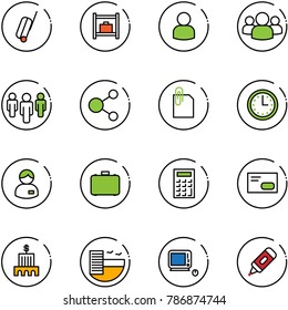 line vector icon set - suitcase vector, baggage room, user, group, share, attachment, time, manager, case, calculator, envelope, bank building, hotel, monoblock pc, marker