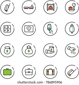 line vector icon set - suitcase vector, baggage truck, room, scales, first aid kit, drop counter, money bag, investment, case, portfolio