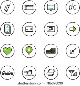 line vector icon set - suitcase vector, barrier, diagnostic monitor, lungs, breads, tap pay, credit card, right arrow, heart, money tree, brick wall, key, limousine, pool, printer wireless