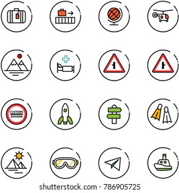 line vector icon set - suitcase vector, baggage, globe, helicopter, mountains, hospital bed, intersection road sign, customs, rocket, signpost, flippers, pyramid, protective glasses, paper plane