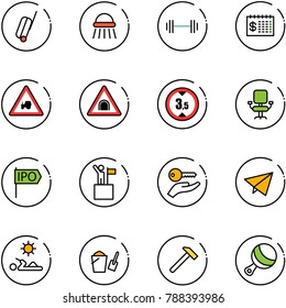 line vector icon set - suitcase vector, shower, barbell, finance calendar, tractor way road sign, tunnel, limited height, office chair, ipo, win, key hand, paper fly, reading, bucket scoop, hammer