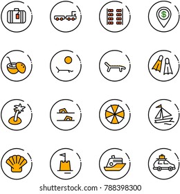 line vector icon set - suitcase vector, baggage truck, plane seats, dollar pin, coconut cocktail, lounger, flippers, palm, flip flops, parasol, sail boat, shell, sand castle, cruiser, car