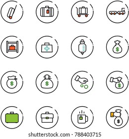 line vector icon set - suitcase vector, baggage, truck, room, doctor bag, drop counter, money, investment, encashment, case, portfolio, green tea, rich