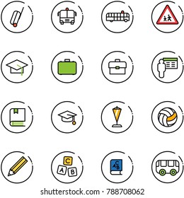 line vector icon set - suitcase vector, airport bus, children road sign, graduate hat, case, portfolio, presentation, book, pennant, volleyball, pencil, abc cube, toy
