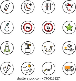 line vector icon set - suitcase vector, phone alarm, ski, christmas deer hat, pear, no moto road sign, limited height, star, rocket, win, luck, palm, feet, waves, sickle, truck toy