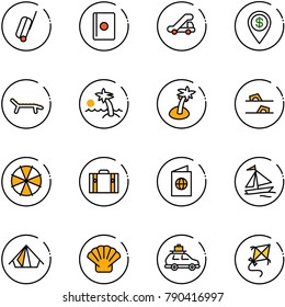 line vector icon set - suitcase vector, passport, trap truck, dollar pin, lounger, palm, flip flops, parasol, sail boat, tent, shell, car baggage, kite