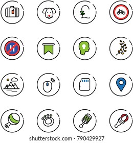 line vector icon set - suitcase vector, dog, pound, no bike road sign, parking even, flag, head bulb, golden branch, mountains, mouse wireless, micro flash card, navigation pin, beanbag