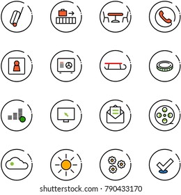 line vector icon set - suitcase vector, baggage, cafe, phone, female wc, safe, sleigh, coin, monitor cursor, opened mail, film coil, cloud, sun, flower, check