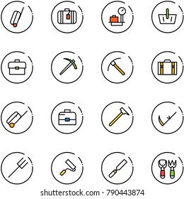 line vector icon set - suitcase vector, baggage scales, basket, portfolio, job, rock axe, case, mason hammer, scythe, farm fork, paint roller, rasp, shovel toy