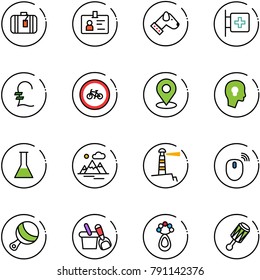 line vector icon set - suitcase vector, identity, dog, first aid room, pound, no bike road sign, map pin, head bulb, flask, mountains, lighthouse, mouse wireless, beanbag, shovel bucket