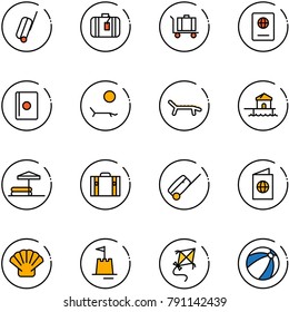 line vector icon set - suitcase vector, baggage, passport, lounger, bungalow, inflatable pool, shell, sand castle, kite, beach ball
