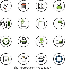 line vector icon set - suitcase vector, trash bin, baggage room, user, group, attachment, folder, time, printer, office chair, envelope, contact book, t shirt, wireless, clock