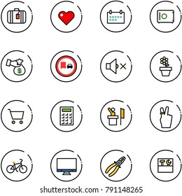 line vector icon set - suitcase vector, heart, schedule, safe, encashment, no truck overtake road sign, volume off, flower pot, cart, calculator, speaker, victory, bike, monitor, pliers, tool box