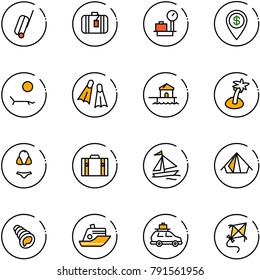 line vector icon set - suitcase vector, baggage scales, dollar pin, lounger, flippers, bungalow, palm, swimsuit, sail boat, tent, shell, cruiser, car, kite